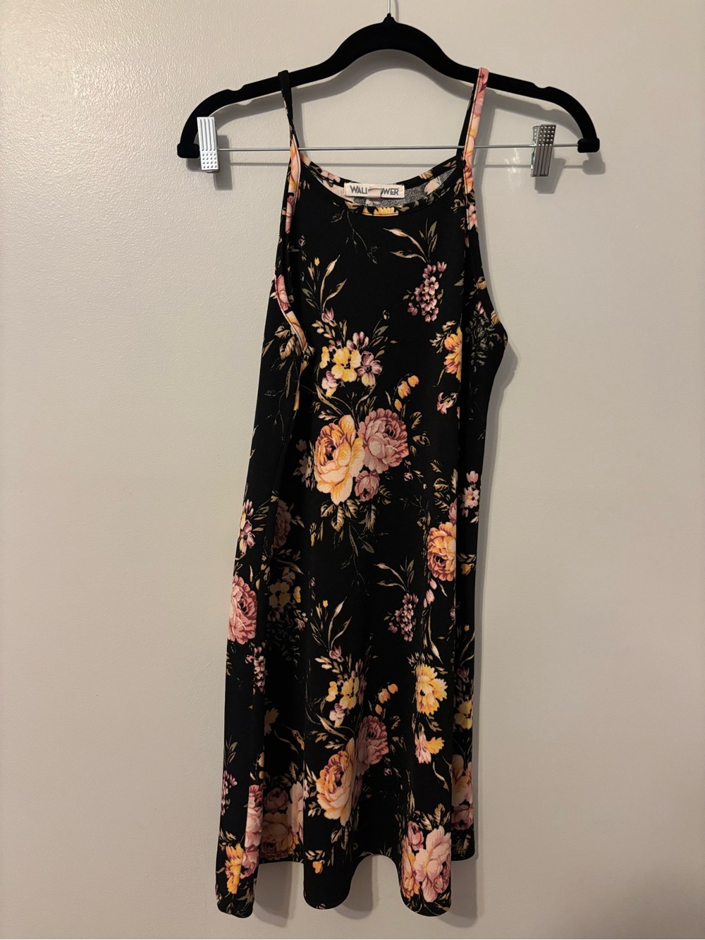 WALLFLOWER Black Floral Mini Dress with Pink and Yellow Roses